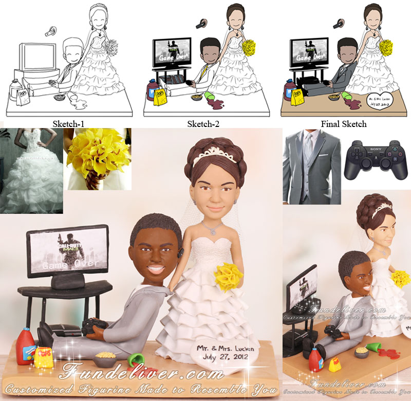 Groom Playing PS3 Gamer Theme Wedding Cake Toppers